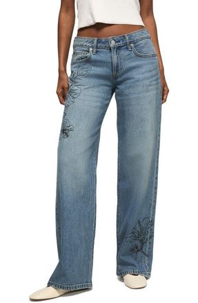 Lucky Brand Floral Embroidered Baggy Wide Leg Jeans in Island Time Wash at Nordstrom, Size 27 X 32