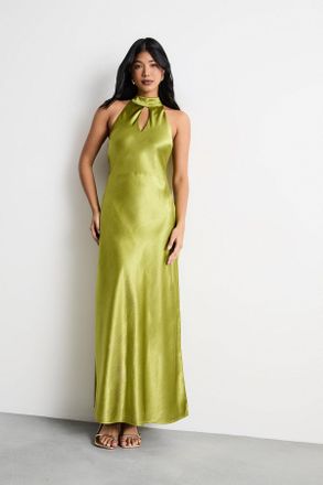 Warehouse Womens Satin Tie Neck Cowl Front Maxi Dress - Green - Size 10 UK