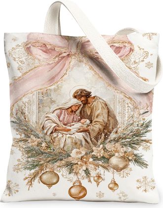 Generic Christmas Vintage Elegant Canvas Tote Bags, Family Scene Design Reusable Grocery Bags, Lightweight Washable Shoulder Strap, White, 13x15 Inch