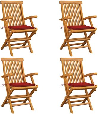 vidaXL Sillas De Jard&iacute;n 4 Uds Madera Maciza De Teca Con Cojines Rojos Vidaxl