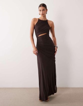 Asos vestito lungo con collo allamericana in rete quadrata con arricciatura asimmetrica marrone