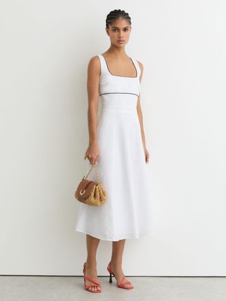 Reiss Linen Contrast-trim Midi Dress, 14