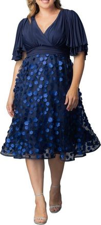 Kiyonna Pretty Petals Flutter Sleeve Cocktail Dress in Navy Blossoms at Nordstrom, Size 3X