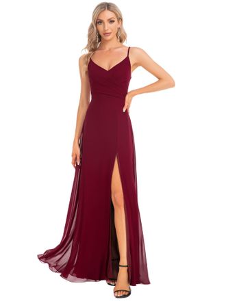 Ever-pretty Womens A Line Spaghetti Straps V Neck Long Chiffon Asymmetry Prom Dress with Slit Burgundy 16
