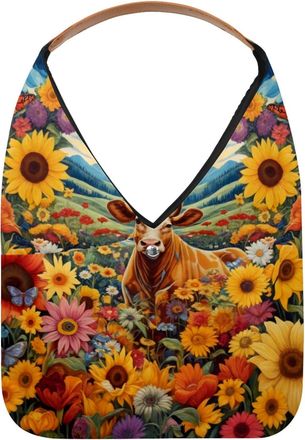 Generic Cow Among Sunflower Butterfly Reusable Lightweight Grocery Bags - Foldable Into Compact Pouch, Washable & Sturdy, Multipurpose for Shopping and Travel