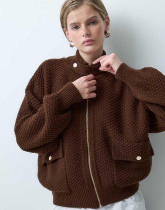 Asos giacca bomber in maglia con collo alto marrone cioccolato