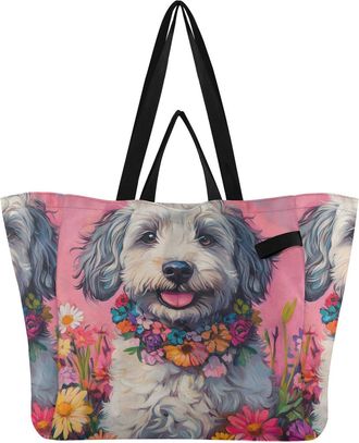 Generic Dog Flowers Pink print Reusable Canvas Tote Bag, Heavy Duty Grocery Shopping Bag with Double Handles Large Capacity Hard Bottom Work Groceries Travel