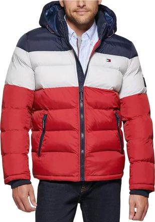 Tommy Hilfiger Mens Down Alternative Hooded Puffer Jacket (Standard and Big & Tall) Down Outerwear Coat, Midnight/White/Red, L