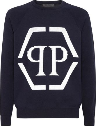 Philipp Plein Cotton Pullover Round Neck LS - Heren - Ronde hals truien - Blauw - 3XL - Katoen - Truien & Vesten