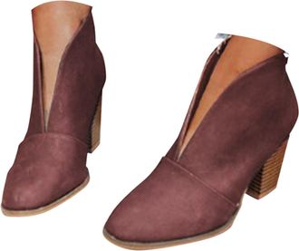 Generic Ankle Boots for Women V Cut 2025,Back Zipper Solid Color Chunky Block High Heels Slip On Ankle Booties Pointed Toe Slip On Fashion Casual Comfortable 