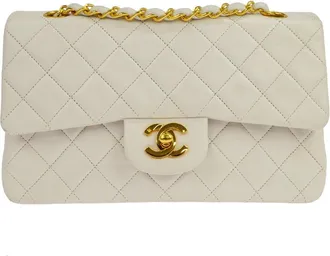 Chanel Vintage Classic Double Flap Quilted Lambskin White Leather Handbag (Pre-Owned)