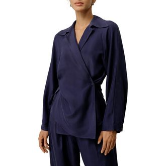 LilySilk Multipositional Silk Habotai Shirt in Blueberry at Nordstrom, Size X-Small