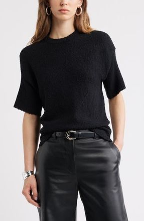 Nordstrom Short Sleeve Stretch Wool Blend Boucl&eacute; Sweater in Black at Nordstrom, Size Xx-Small