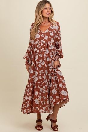 Pinkblush Floral Textured Bubble Sleeve Maxi Dress in Rust at Nordstrom, Size Medium