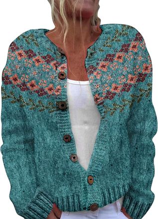 Generic Icelandic Fair Isle Cardigans for Women UK Ethnic Nordic Patterned Sweater Long Sleeve Crew Neck Stylish Cardigan Jacket for Autumn and Winter Retro P