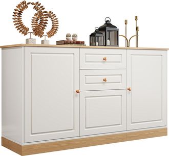 STILVORA Aparador Con 3 Puertas, 2 Cajones Y Estantes Ajustables, Estilo Minimalista, En Tablero De Part&iacute;culas, Blanco Y Madera, 135,5&times;39&times;76 Cm