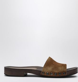 Miu Miu Cinnamon coloured suede clogs with logo