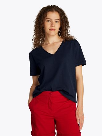 Tommy Hilfiger T-Shirt TOMMY HILFIGER SLUB CROP V-NK SS, Damen, Gr. XL (42), blau (schwarz night navy), Jersey, Obermaterial: 100% Baumwolle, unifarben, relaxed fit 
