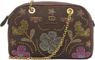 La Carrie Schoudertas met strass en bloemenpatroon - Dames - Schoudertassen - Bruin - ONE Size - Leer - Tassen