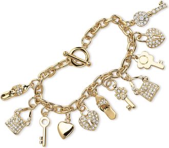 Palm Beach Jewelry Crystal Yellow Gold-Plated Shoe, Purse, Heart Lock and Key Charm Bracelet