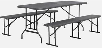 Sweeek Sweeek - Set De Mesa Y Bancos Plegables Port&aacute;tiles Para Eventos, Fiesta, Gris Oscuro, 180x69.5x73.5 Cm