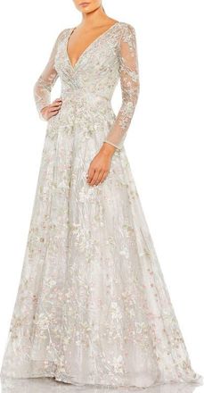 Mac Duggal Embellished Wrap Over Illusion Long Sleeve A Line Gown in Pastel Multi at Nordstrom, Size 22