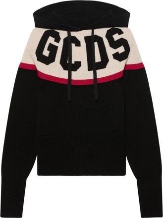 GCDS Logo Knit Cropped Hoodie - Dames - Hoodies - Zwart - XL - Wol - Hoodies & sweatvesten