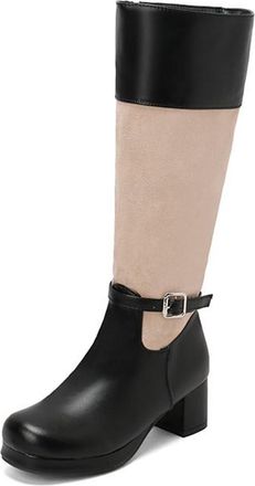 Generic Womens Round Toe Colorblock Knee High Riding Boots with Side Zipper and Buckle Comfort Block Heel Winter Shoes (7.5,Beige)