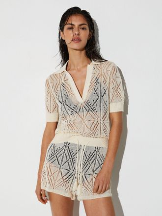 Reiss Cream Cotton-blend Open-knit Top, XL