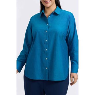 Foxcroft Meghan Non-Iron Cotton Button-Up Shirt in Teal at Nordstrom, Size 1X