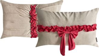 Beliani Conjunto De 2 Cojines Decorativos De Terciopelo Motivo De Lazo Navide&ntilde;o 50 X 30 Cm Gris Pardo Y Rojo Belle