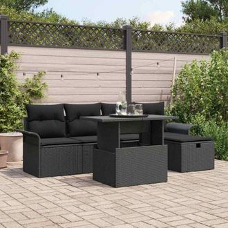 vidaXL Conjunto De Sof&aacute; De Jard&iacute;n Con Coj&iacute;n 6 Pcs Negro Polirat&aacute;n