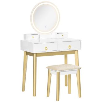 HOMCOM Dressing Table & Stool with Mirror and LED Lights - White | TJ Hughes
