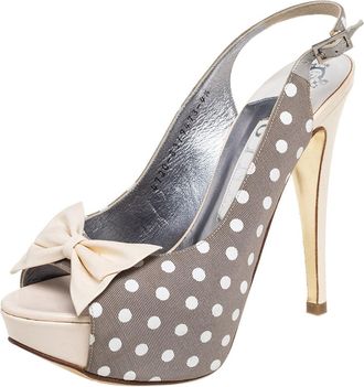 Gina Grey/cream Polka Canvas And Patent Leather Bow Open Toe Sandals