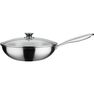 GSW Wok pro GSW con coperchio - &oslash; 32 cm - Fondo 3-PLY - Manico rivettato - Acciaio inossidabile - Per tutti i fuochi, inclusa induzione