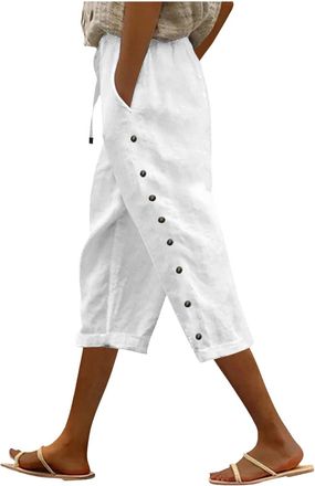 Generic Linen Trousers Womens White Summer Harem Pants Wide Leg Cropped Pants Casual 3/4 Capris Trousers Solid Baggy Lightweight Joggers Side Button with Pock