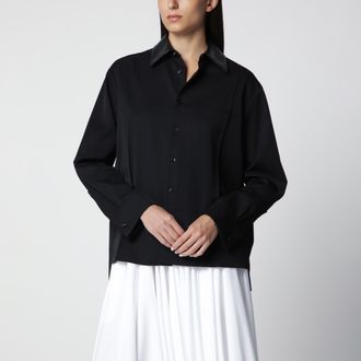 Bottega Veneta Light wool twill shirt with braided leather collar, black