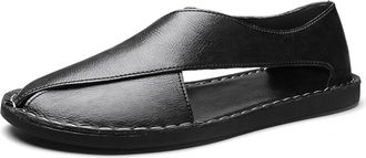 Generic Mens Genuine Leather Flat Sandals,Summer Outdoor Comfortable Slip On Soft Walking Driving Shoes Casual Fisherman Beach Sho (Black,12.5)