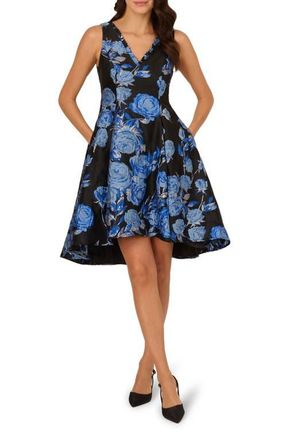 Adrianna Papell Floral Jacquard Fit & Flare Dress in Blue/Black Multi at Nordstrom, Size 18