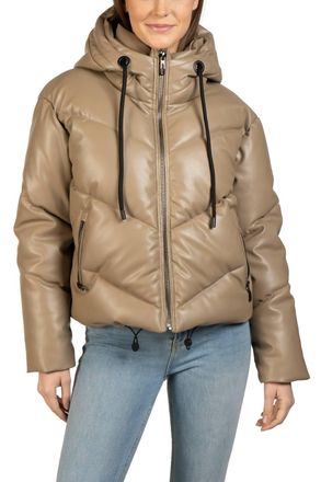 Love Token Long Sleeve Hooded Puffer Jacket In Taupe