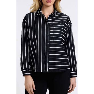 Foxcroft Marina Stripe Cotton Button-Up Shirt in Black/White at Nordstrom, Size 2X
