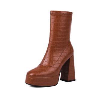 Generic Womens Ankle Boots With Crocodile Embossed Texture Chunky Block Heels Platform Sole Stretch Shaft Round Closed Toe Soft Inner Lining Durable Non-Slip 