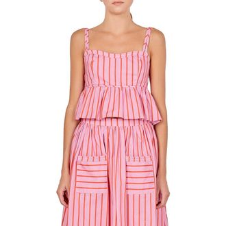 English Factory Stripe Ruffle Hem Cotton Top in Pink/Orange at Nordstrom, Size X-Small