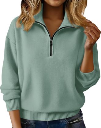 Generic Half Zip Fleece Women Jumpers for Women Uk Cosy Half Zip Polo V Neck Cozy Knit Sweaters Wool Cashmere Sweatshirt Thermal Warm Tunic Ladies Fleece Tops