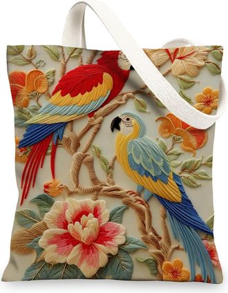 Generic Floral Canvas Tote Bag, Embroidered Vintage Reusable Grocery Bags, Linen Lightweight Shoulder Strap Bags, Blue, 13x15 Inch