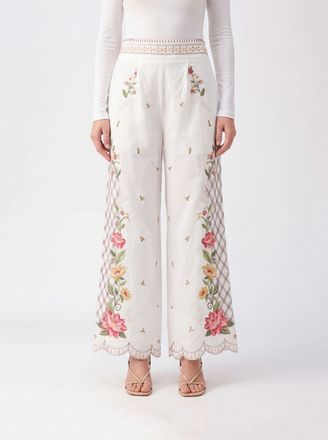 Farm Rio Pantaloni cropped Off-White Flower a gamba larga in misto lino