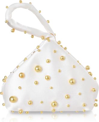 Babeyond Clutch Purses for Women - Satin Evening Bag Triangle Purse Pearl Handbag for Wedding Prom Party, White With Golden Pearls, One Size