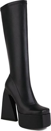 Generic Womens Fashion Square Toe Platform Knee High Boots Stretch with Side Zip Pull On Winter Gothic Punk Shoes (Black,7.5)