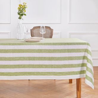 Solino Home Linen Tablecloth for Dining Table, Holiday and Everyday Dining Table Decor - Cabana Stripe in Green And White at Nordstrom, Size Medium