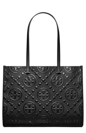 Tory Burch T Monogram Contrast Embossed Leather Tote in Black at Nordstrom